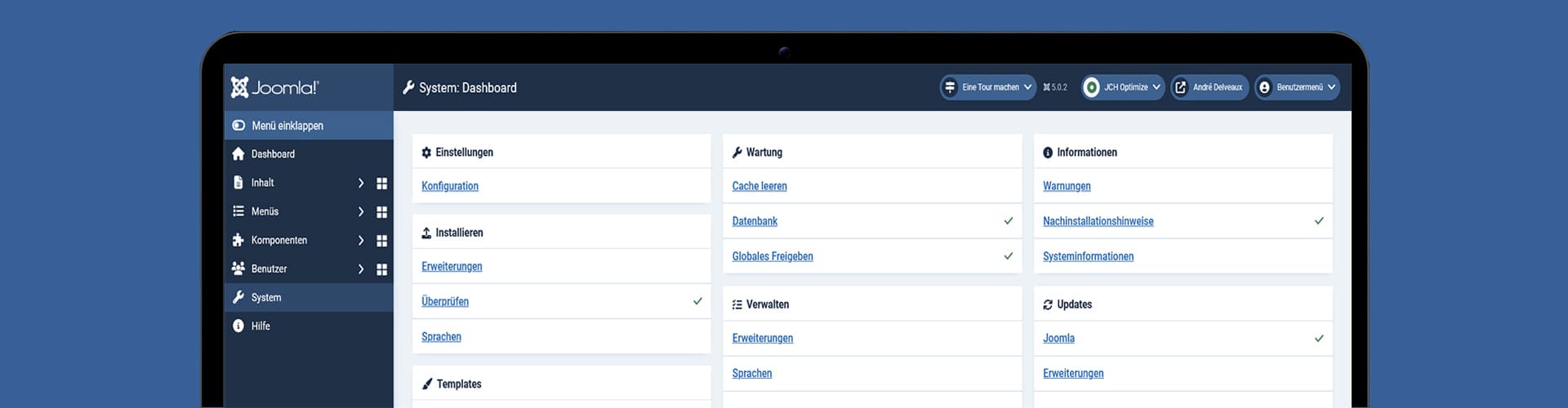 Joomla System-Dashboard – Übersicht über die Verwaltung und Wartung deiner Joomla-Website Screenshot des Joomla System-Dashboards mit verschiedenen Optionen zur Verwaltung, Wartung und Konfiguration der Website
