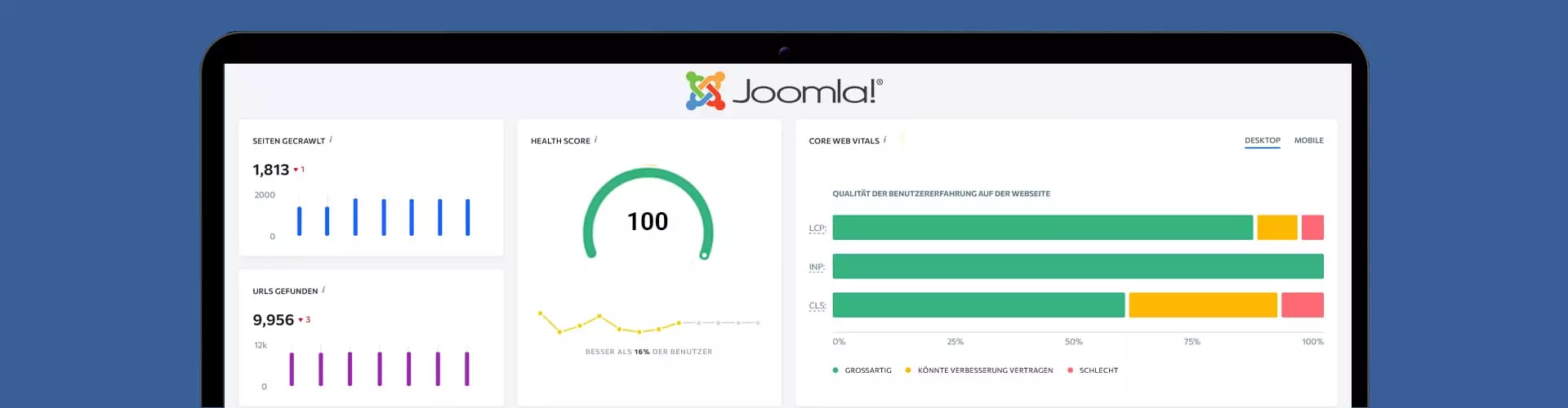 Screenshot eines SEO-Dashboards für Joomla mit verschiedenen Metriken wie Seiten-Crawl, Health Score und Core Web Vitals