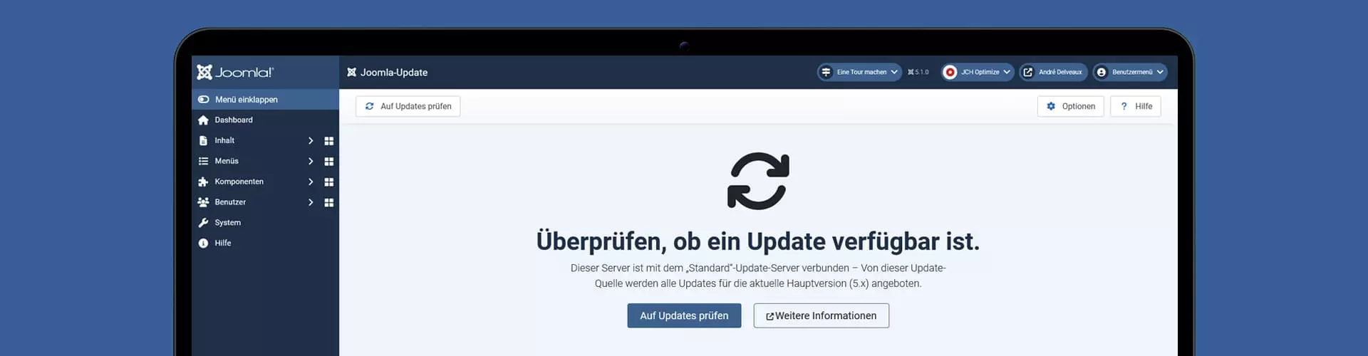 Screenshot der Joomla-Benutzeroberfläche mit einer Update-Benachrichtigung