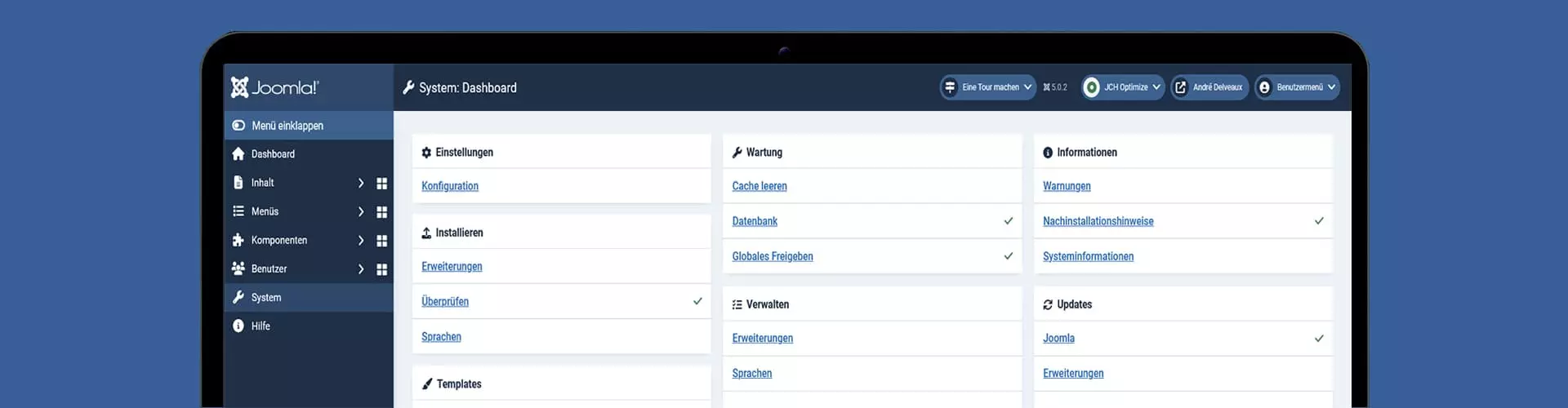 Screenshot des Joomla System-Dashboards mit verschiedenen Optionen zur Verwaltung, Wartung und Konfiguration der Website