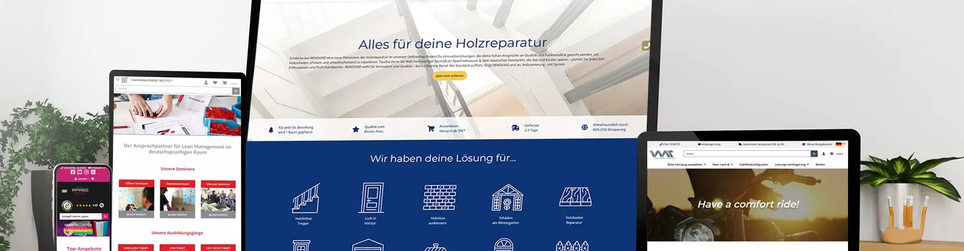 Mehrere Bildschirme und Geräte, die verschiedene Webseiten anzeigen, einschließlich eines Onlineshops für Holzreparatur, Lean Management-Website und eines Motorrad Zubehör Onlineshopssite