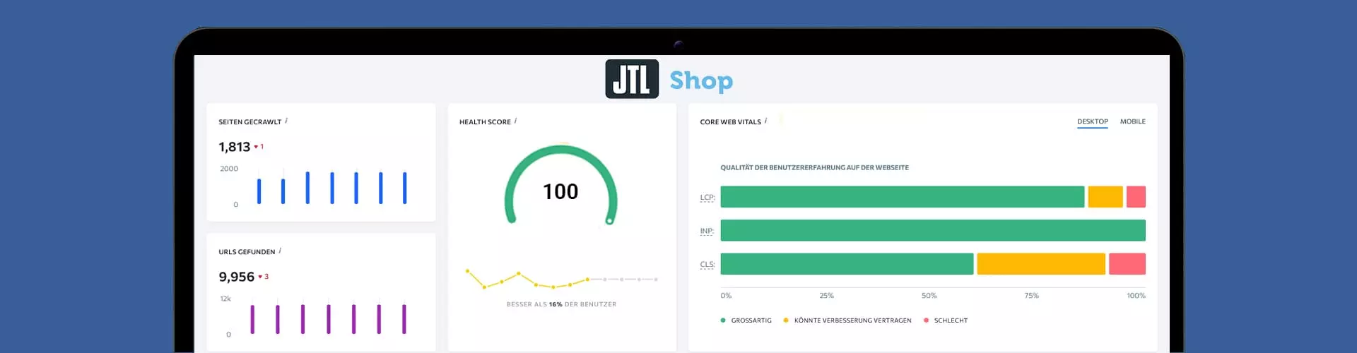 Screenshot eines SEO-Dashboards für JTL-Shop, das verschiedene Metriken wie Seiten-Crawl, Health Score und Core Web Vitals anzeigt