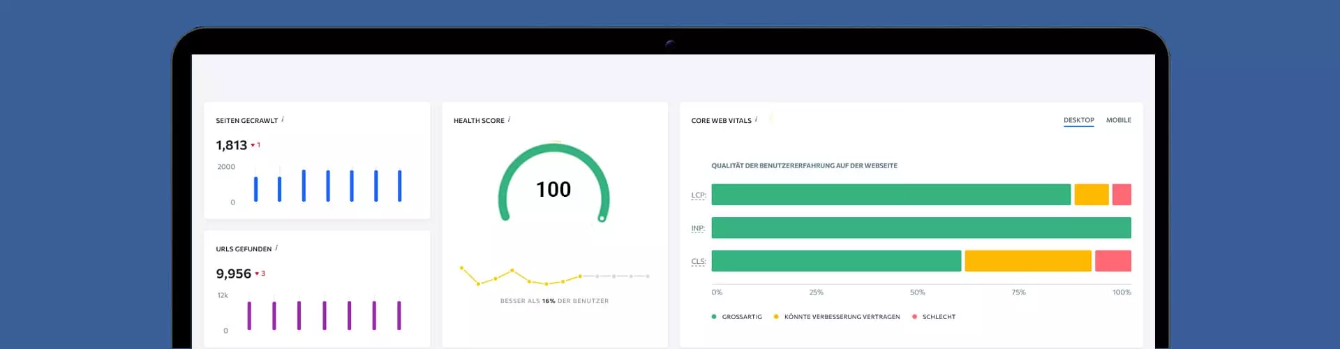 Screenshot eines SEO-Dashboards mit einer Zusammenfassung der SEO-Analyse und verschiedenen Metriken