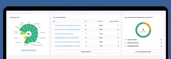 Screenshot eines SEO-Dashboards für Onpage-Optimierung mit Metriken zur Seitenqualität und Wettbewerbsanalyse