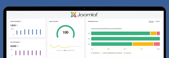 Screenshot eines SEO-Dashboards für Joomla mit verschiedenen Metriken wie Seiten-Crawl, Health Score und Core Web Vitals