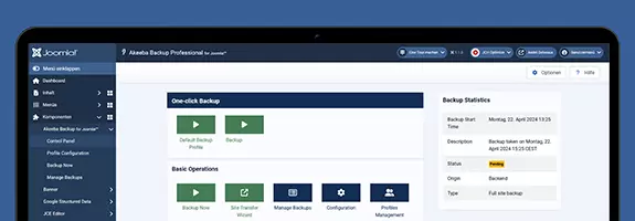 Screenshot der Akeeba Backup-Benutzeroberfläche in Joomla zur Verwaltung von Backups
