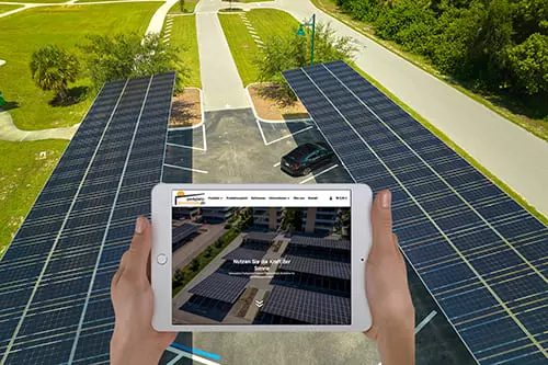 Tablet zeigt den Onlineshop von PV Dach vor einem Parkplatz Photovoltaik