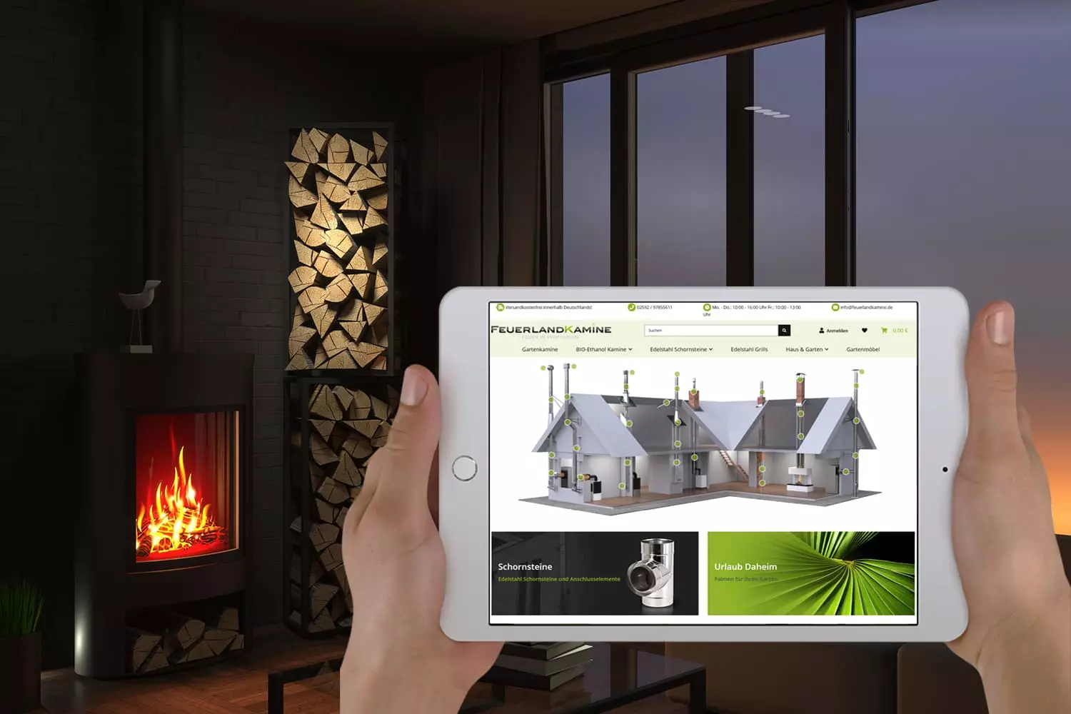 Tablet mit Feuerlandkamine Onlineshop vor einem Kamin und Holzstapel
