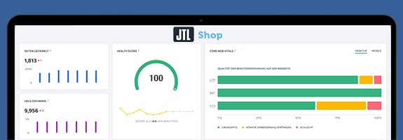 Screenshot eines SEO-Dashboards für JTL-Shop, das verschiedene Metriken wie Seiten-Crawl, Health Score und Core Web Vitals anzeigt