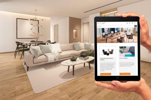 Onlineshop Sitzart GmbH mit Template Nova Tablet zeigt den Onlineshop von Sitzart GmbH in einem modern eingerichteten Wohnzimmer